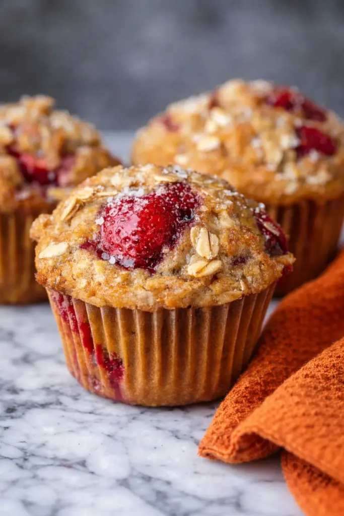 Close Up Strawberry Oatmeal Muffin with Fresh Strawberries and Oats