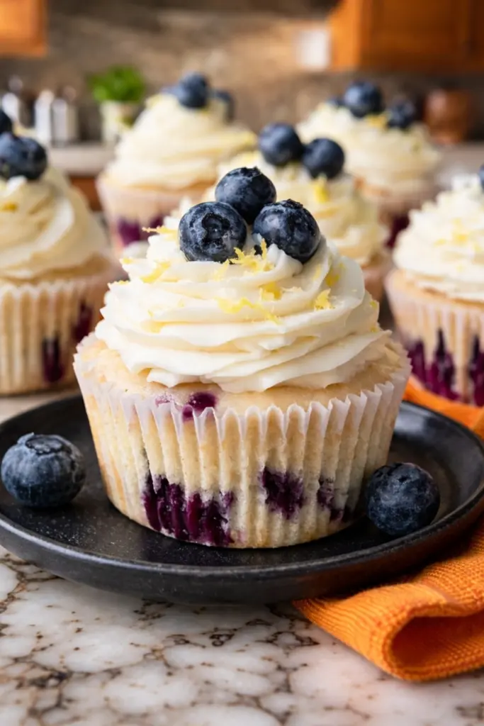 Close up lemon blueberry cupcake with cream frosting and fresh blueberries on black plate