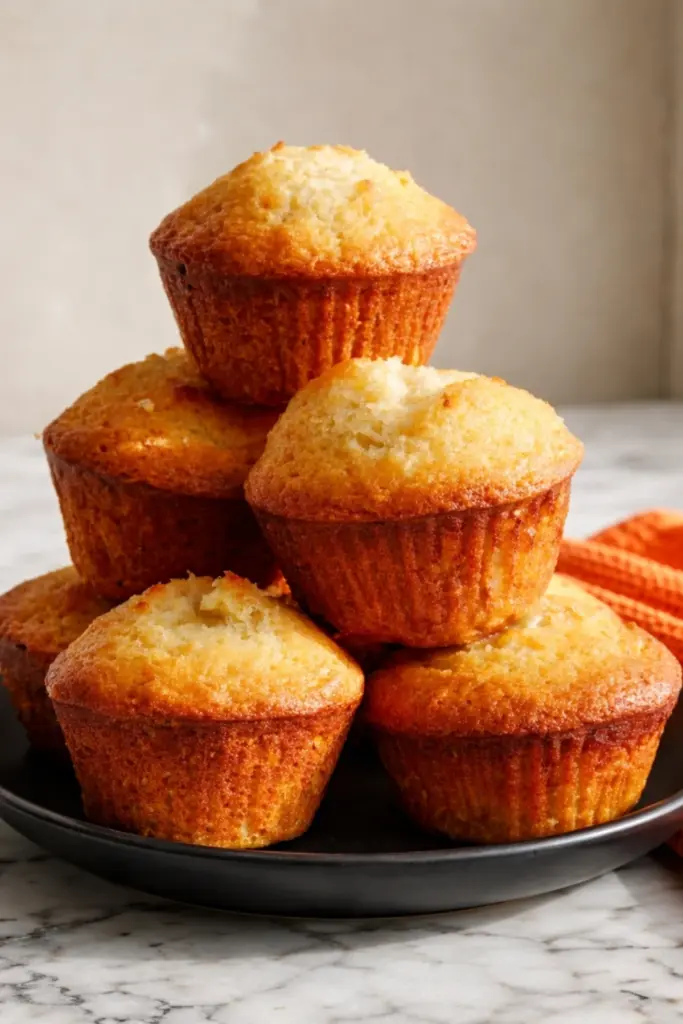 Olive Oil Muffins Freshly Baked and Stacked on Black Plate