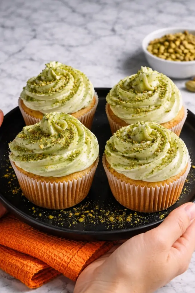 Pistachio cupcakes with creamy frosting on black plate held by hands