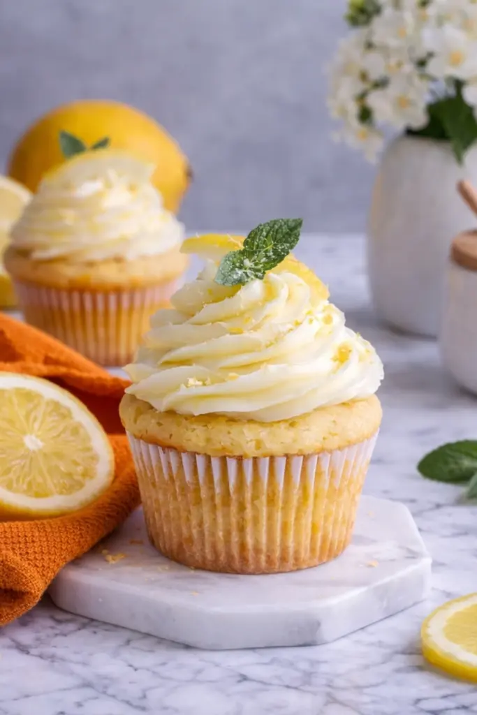Cheesecake Stuffed Lemon Cupcake with Creamy Lemon Frosting and Fresh Mint