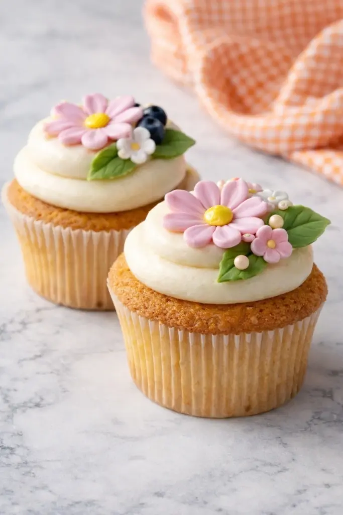 Pink Daisy Cupcakes with Vanilla Frosting and Floral Toppers