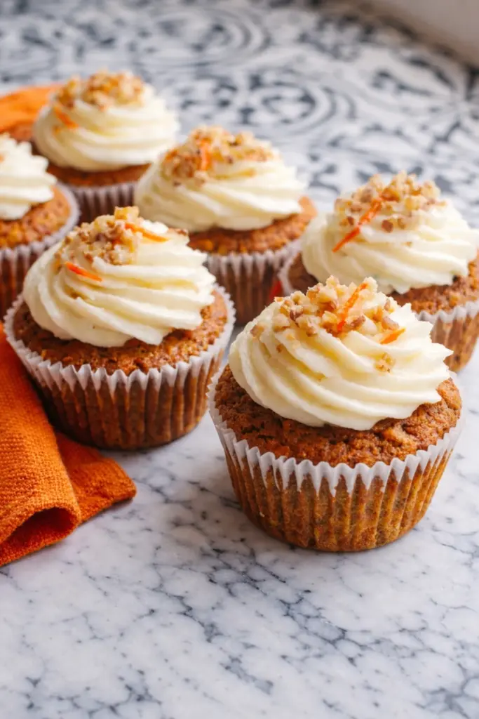 carrot cake cupcakes with cream cheese frosting and walnuts on marble countertop