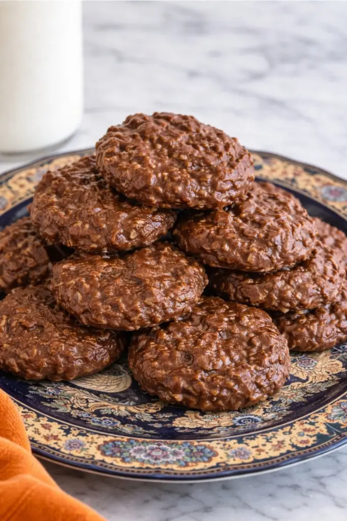 Chocolate no bake cookies with oats and peanut butter stacked on decorative plate