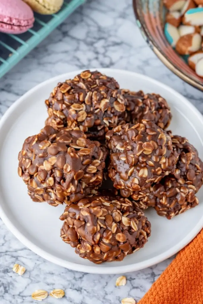 Classic No Bake Cookies with Chocolate Chips and Oats on White Plate