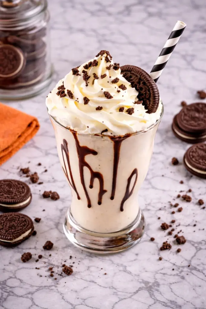 Overhead Cookies and Cream Milkshake with whipped cream and Oreo cookies