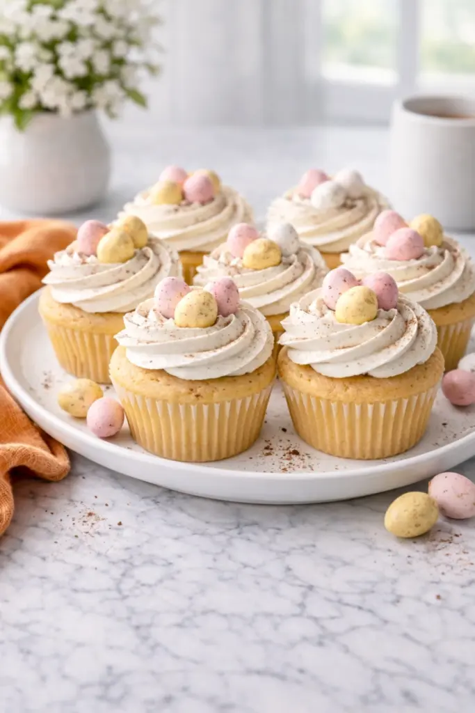 Speckled Egg Easter Cupcakes with vanilla buttercream and pastel mini eggs on marble countertop