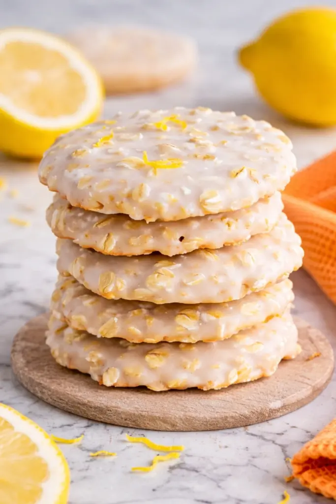 Lemon oatmeal no bake cookies stacked with glaze and lemon zest on marble countertop