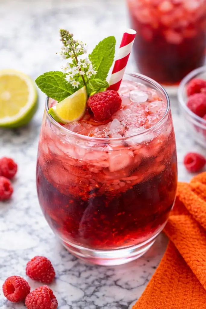Red wine spritzer with raspberries lime mint and crushed ice in glass