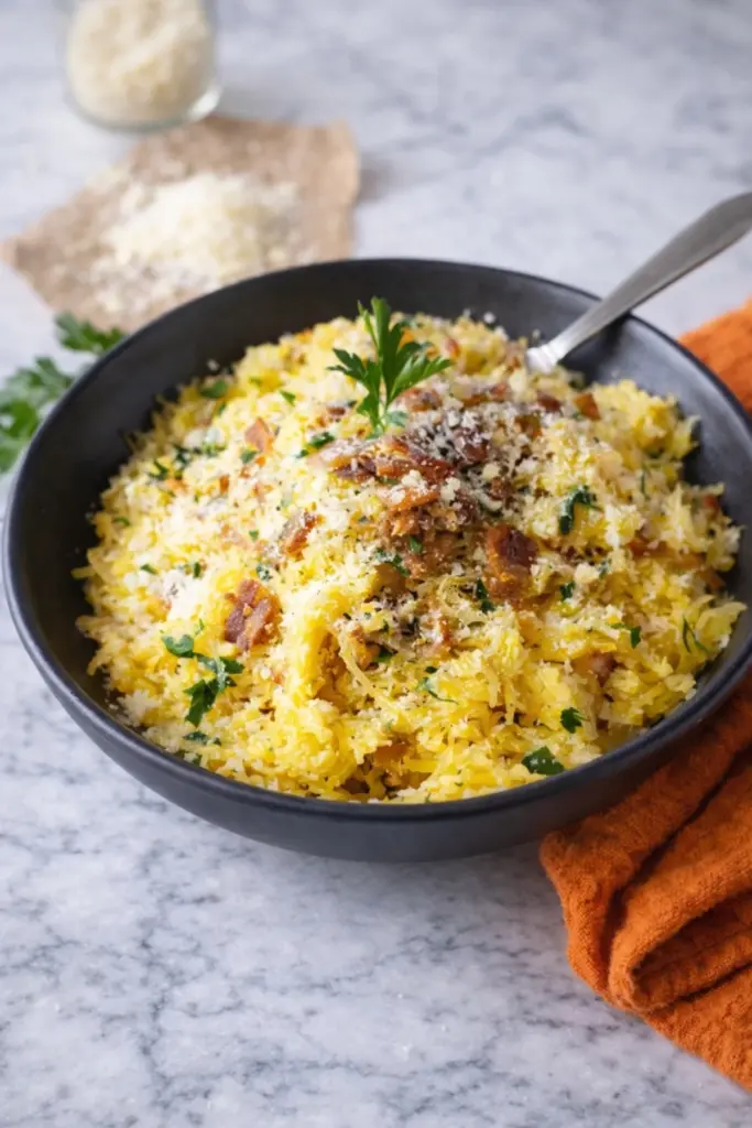 How to Cook Spaghetti Squash with Parmesan and Bacon in Black Bowl
