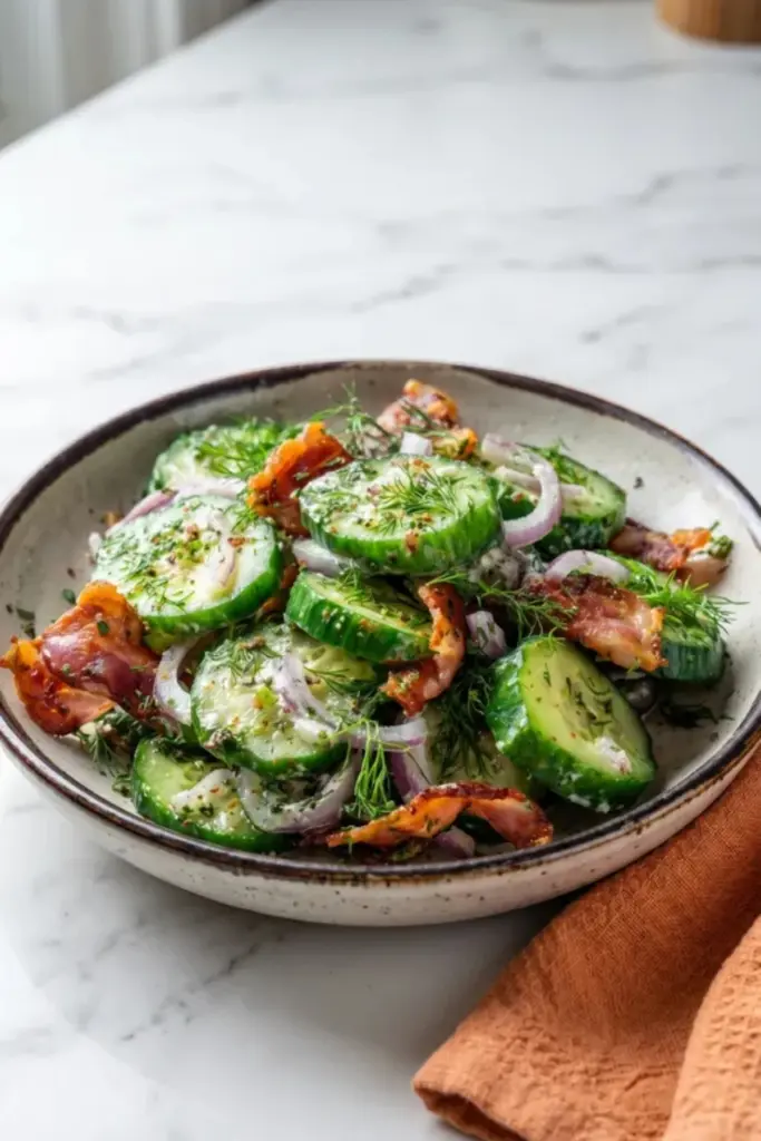 Creamy cucumber salad with crispy bacon, red onion, and fresh dill in a bowl