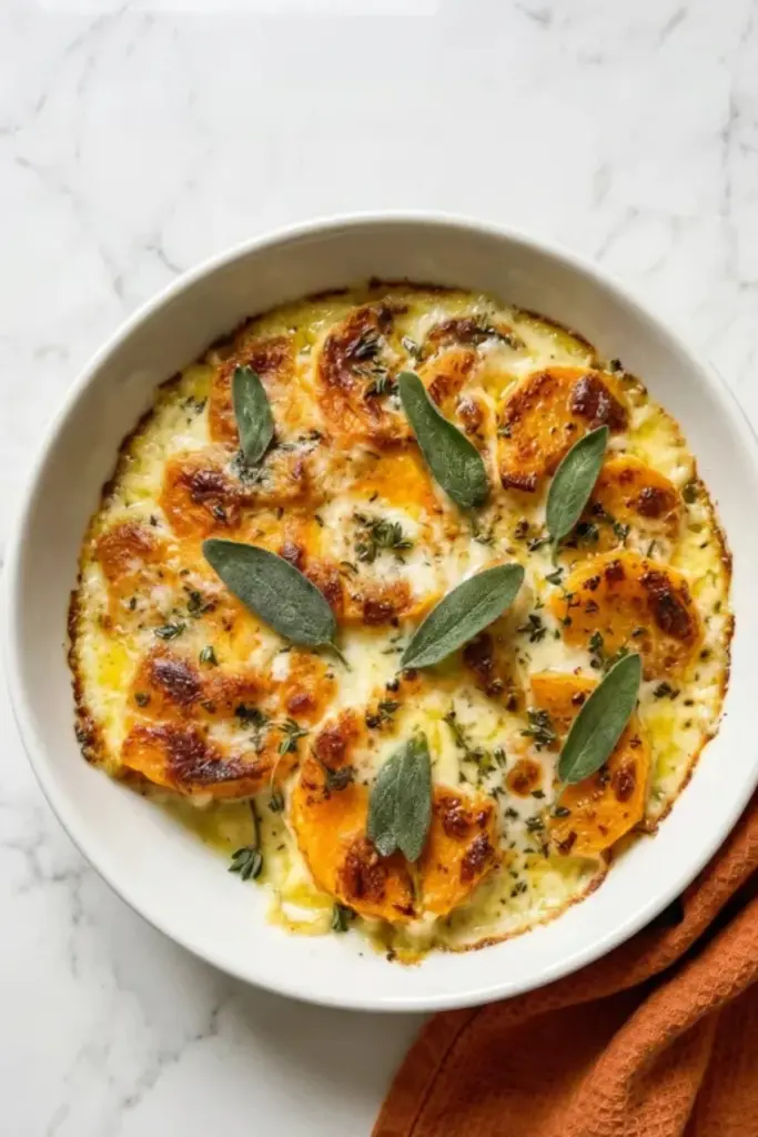 Top view sage butternut squash gratin with melted cheese and crispy golden edges in white dish