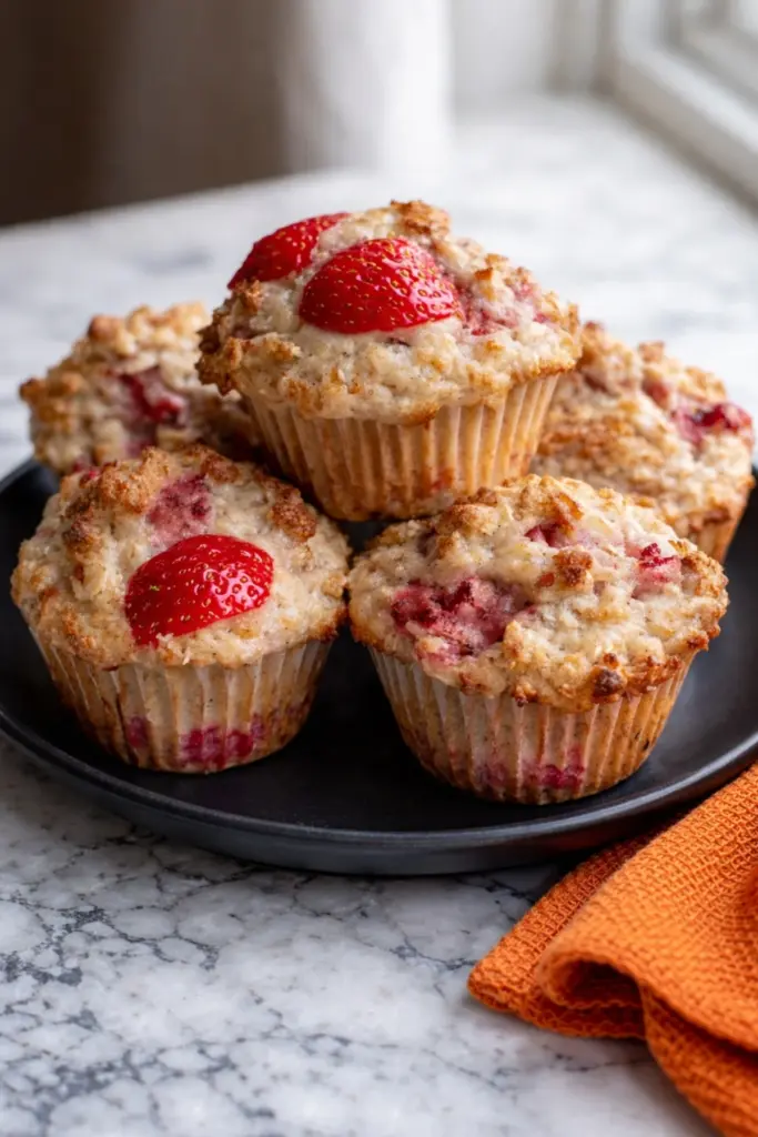 Homemade Strawberry Oatmeal Muffins on Black Plate