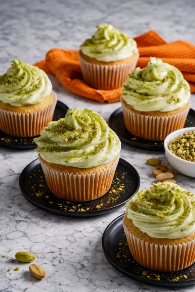 Pistachio cupcakes with green frosting and crushed pistachios on marble countertop