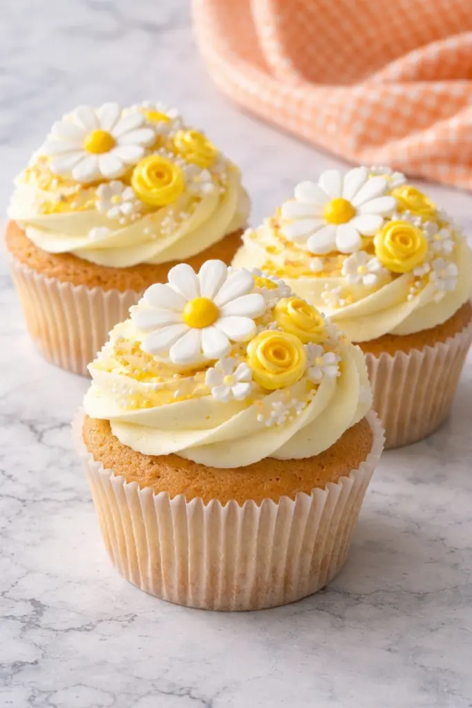 Daisy Cupcakes with Lemon Buttercream and White Flower Toppers