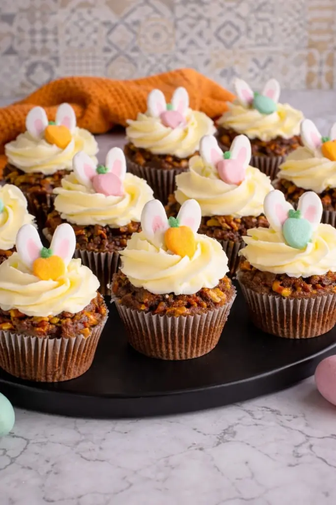 Easter carrot cake cupcakes with cream cheese frosting and bunny ears on black tray
