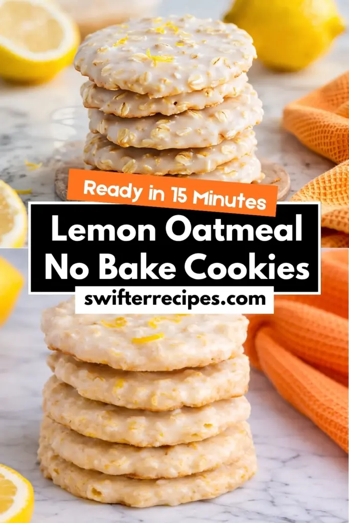 Lemon oatmeal no bake cookies stack with glaze and text overlay ready in 15 minutes