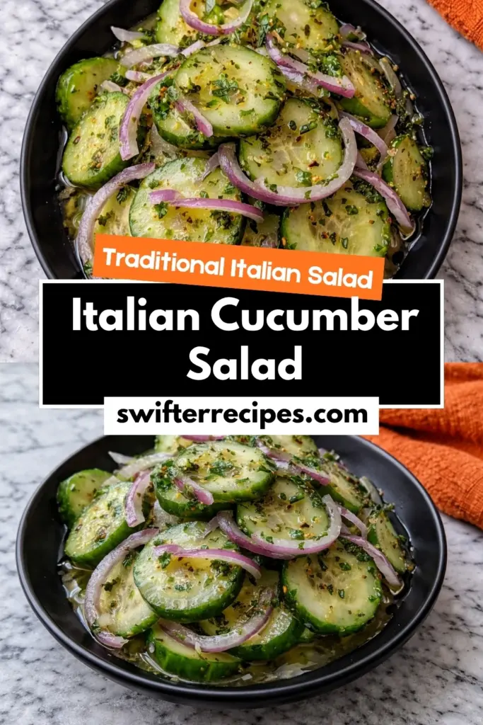 Italian Cucumber Salad Pinterest Graphic with Recipe Title