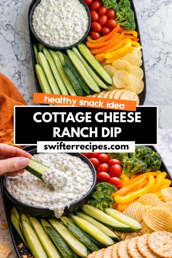 Cottage cheese ranch dip healthy snack board with fresh veggies chips and crackers with text overlay cottage cheese ranch dip