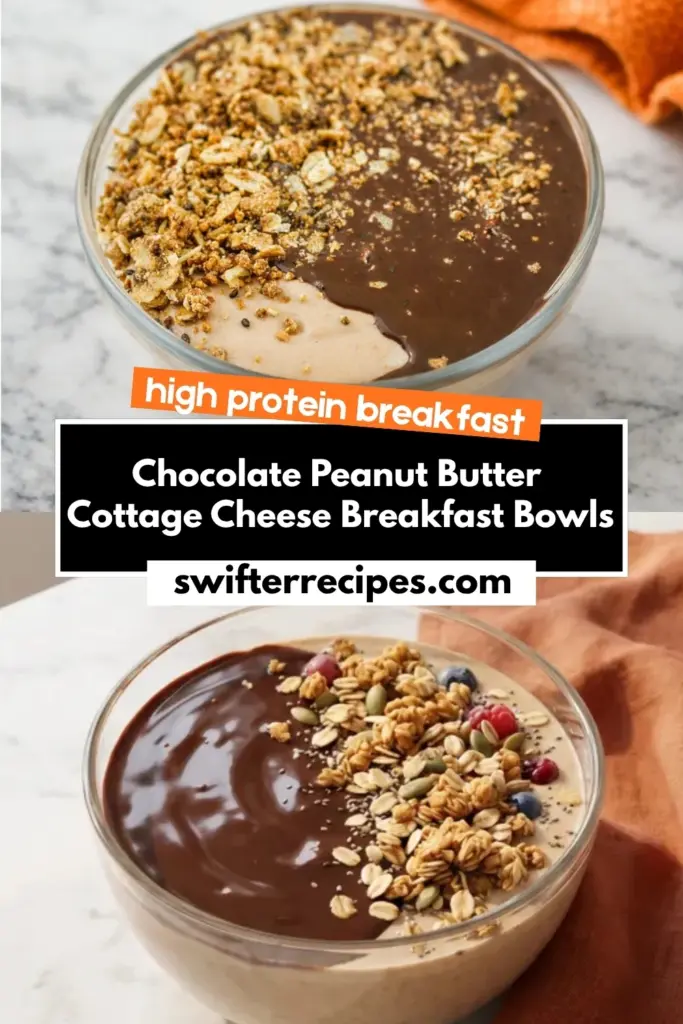Chocolate peanut butter cottage cheese breakfast bowls with granola and chocolate topping in glass bowls on marble countertop with high protein breakfast text overlay