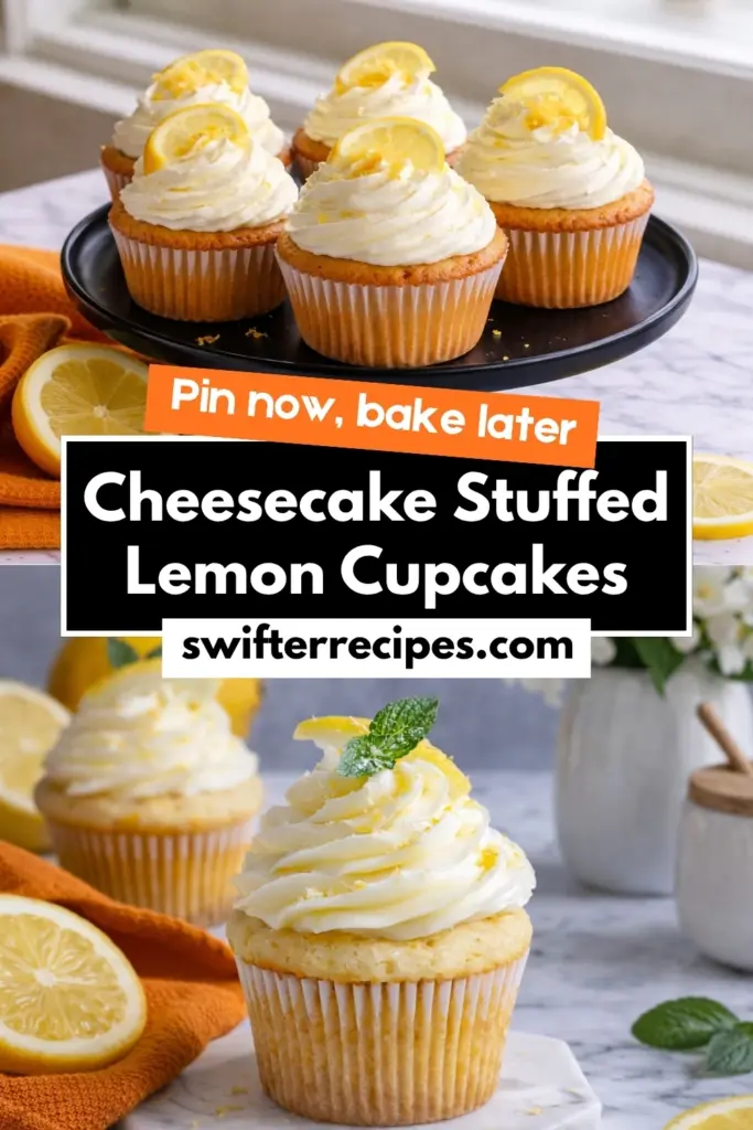 Cheesecake Stuffed Lemon Cupcakes with Creamy Frosting and Lemon Slices on Black Stand