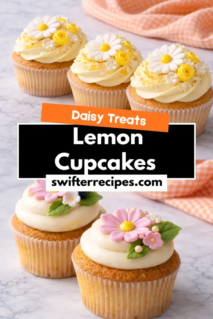 Daisy Cupcakes Collage with Lemon Frosting and Floral Decorations