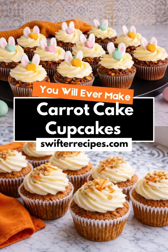 carrot cake cupcakes collage with cream cheese frosting and Easter bunny toppers