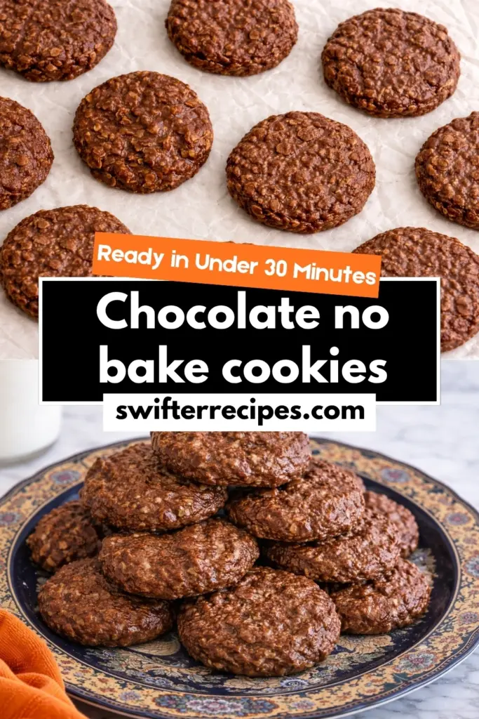 Chocolate no bake cookies ready in under 30 minutes on plate and parchment paper
