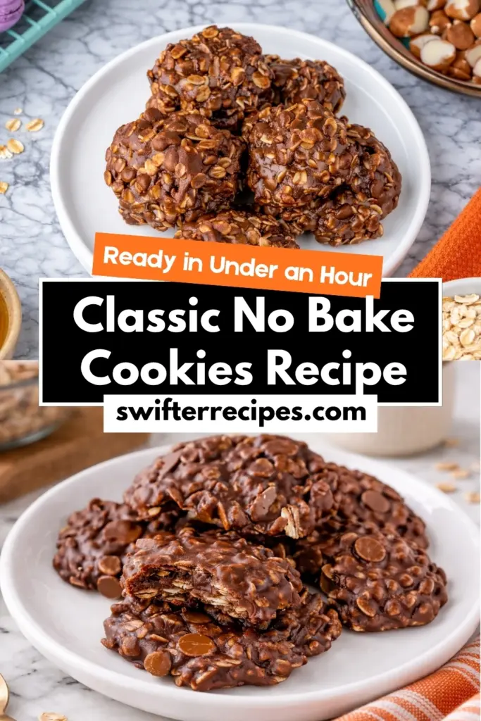 Classic No Bake Cookies with Chocolate and Oats on White Plate