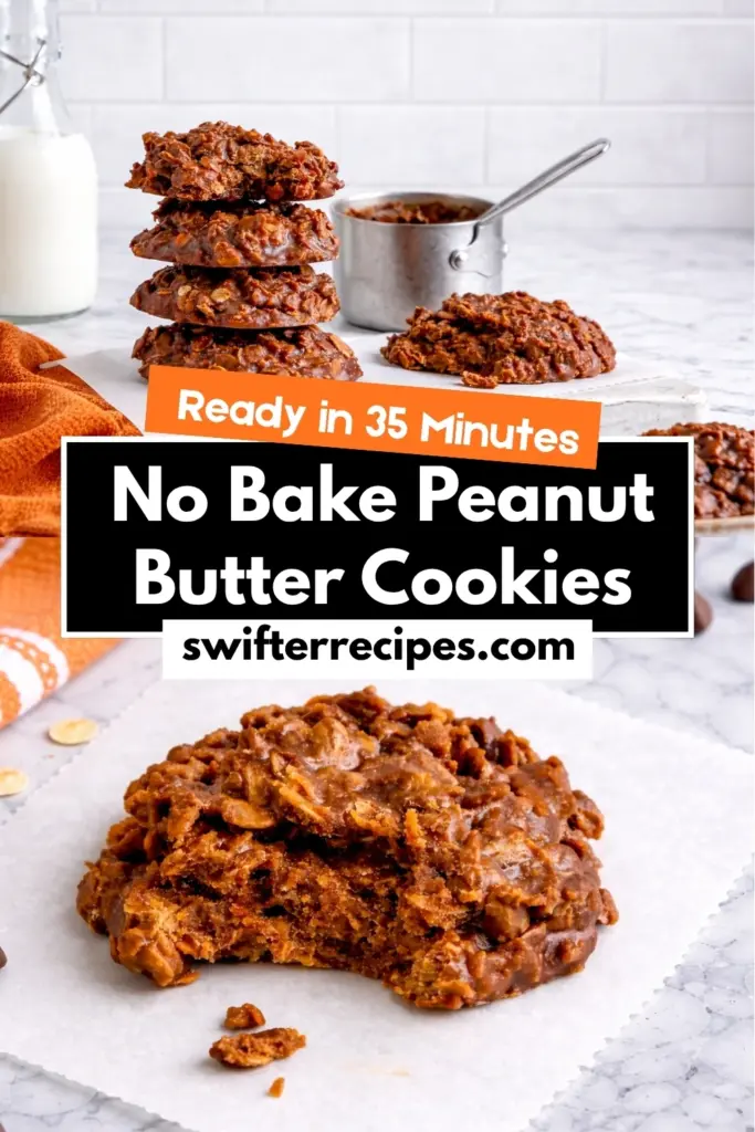 no bake peanut butter cookies recipe ready in 35 minutes with chocolate oats on marble countertop