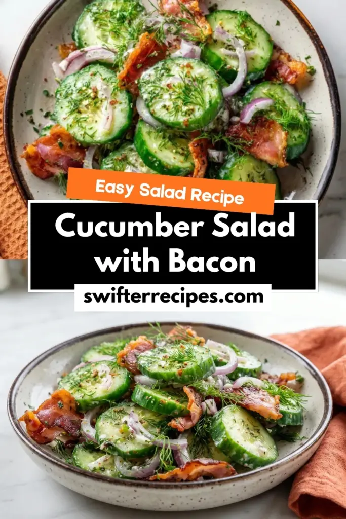 Cucumber salad with bacon in creamy dill dressing with recipe text overlay and swifterrecipes branding