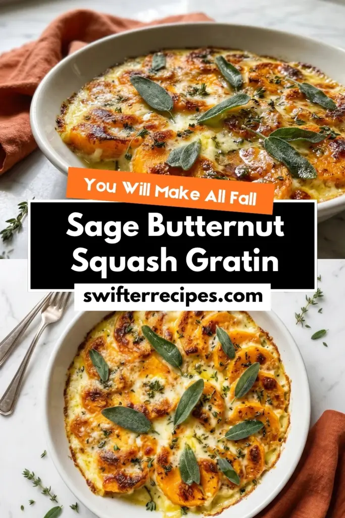 Sage butternut squash gratin with creamy cheese and crispy top in white dish with recipe text overlay and swifterrecipes branding