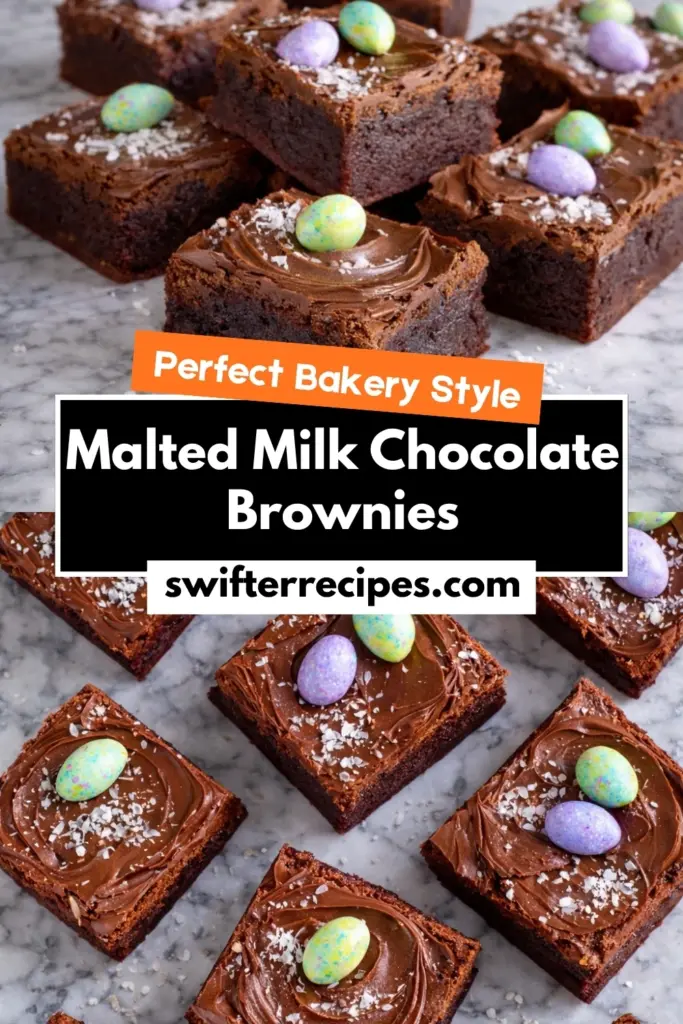 Malted Milk Chocolate Brownies bakery style with text overlay and mini eggs