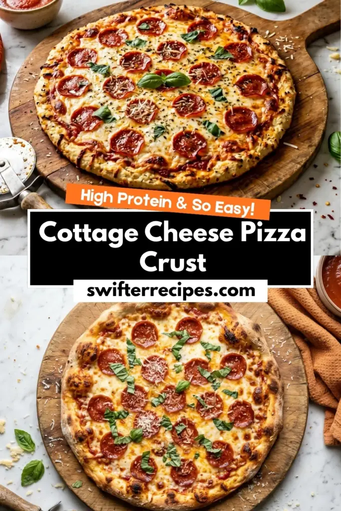 Cottage cheese pizza crust with pepperoni, mozzarella, and basil on wooden board with text overlay high protein easy recipe