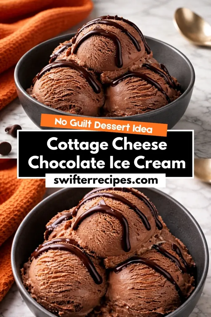 cottage cheese chocolate ice cream with text overlay no guilt dessert idea served in a bowl with chocolate drizzle on marble countertop
