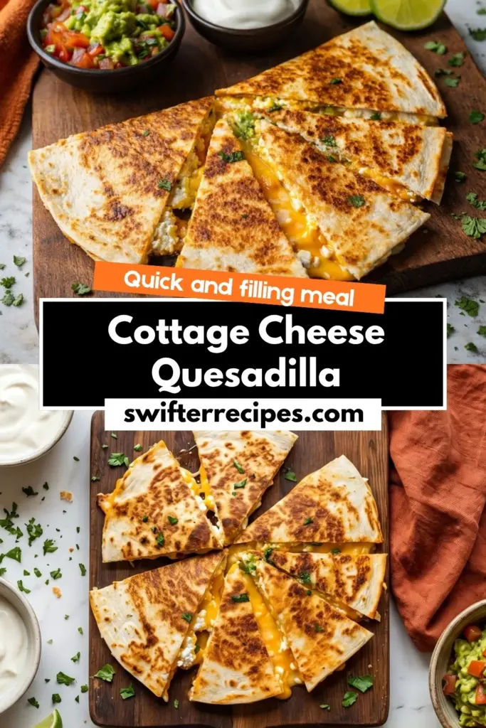 Cottage cheese quesadilla sliced into crispy golden triangles with melted cheese, served on a wooden board with guacamole and sour cream, with text overlay quick and filling meal and swifterrecipes.com