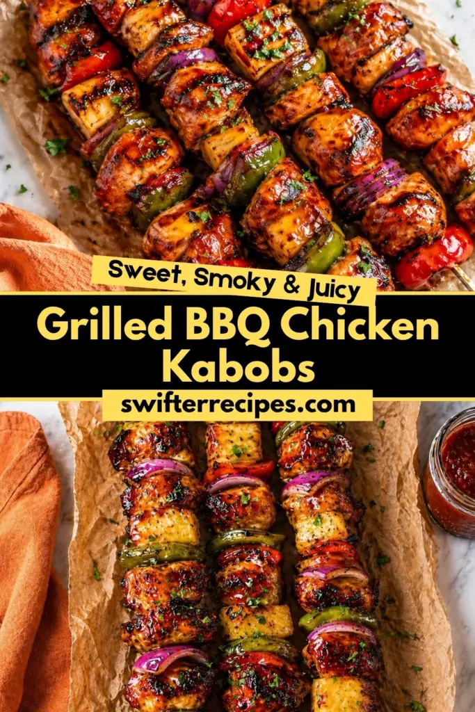 Grilled BBQ Chicken Kabobs with pineapple, peppers, red onion, sticky BBQ glaze, and bold Pinterest recipe text