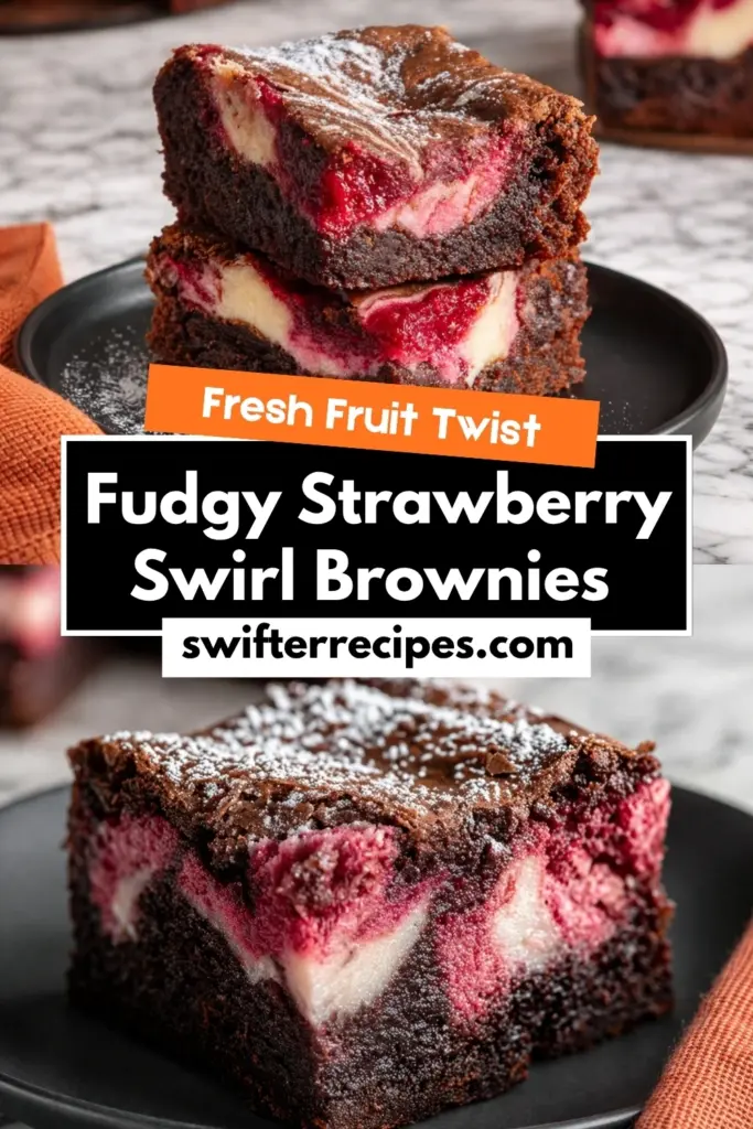 Fudgy Strawberry Swirl Brownies with Text Overlay and Website Branding