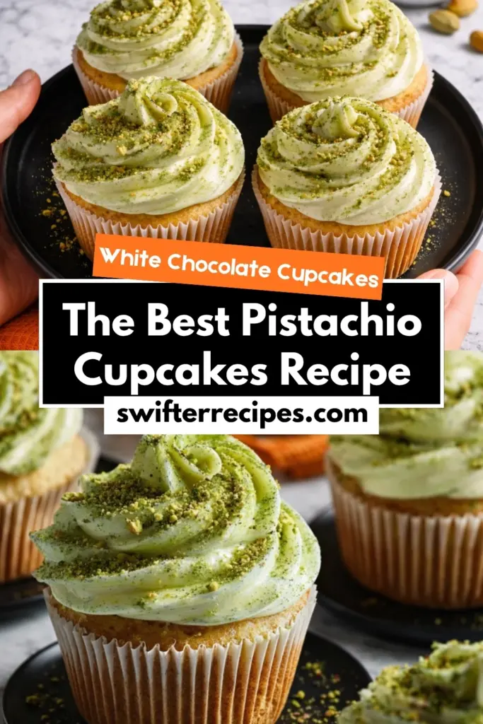 Pistachio cupcakes with white chocolate frosting on black plate