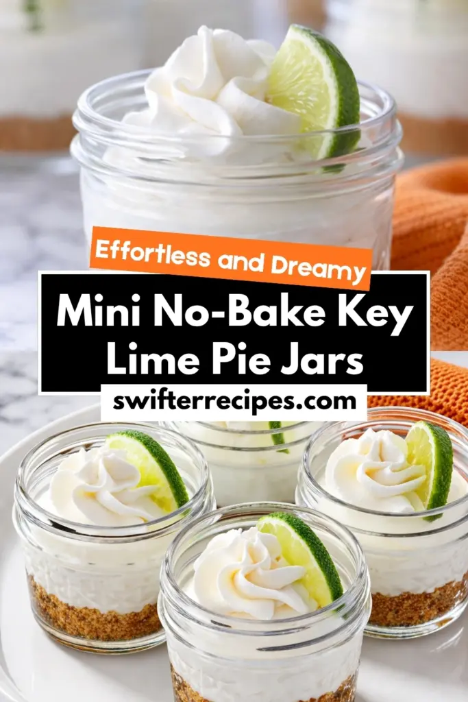 mini no-bake key lime pie jars with creamy cheesecake filling, graham cracker crust, whipped cream, and fresh lime slices on a marble tray