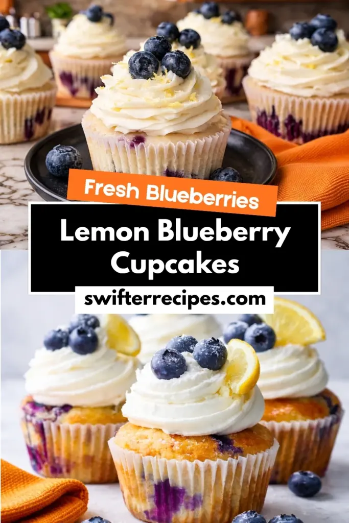 Lemon blueberry cupcakes collage with fresh blueberries text overlay and cream frosting
