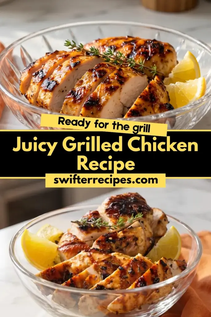 Pinterest pin for grilled chicken recipe showing two crystal bowls filled with sliced juicy grilled chicken, lemon wedges, and fresh herbs, with text overlay reading “Ready for the grill,” “Juicy Grilled Chicken Recipe,” and “swifterrecipes.com”.