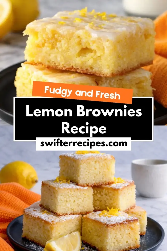 Lemon brownies recipe image with text overlay and stacked bars