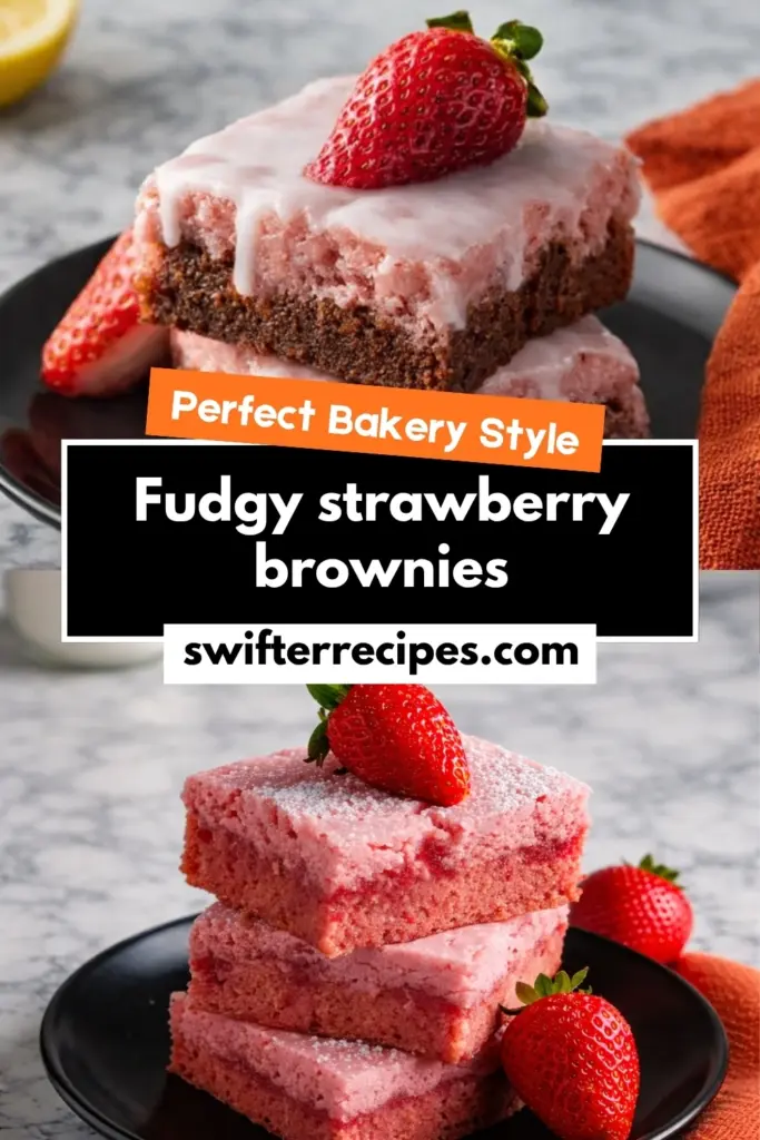 Fudgy strawberry brownies with icing and fresh strawberries