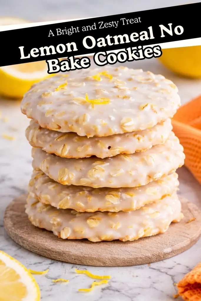 Lemon oatmeal no bake cookies with glaze and zest stacked on marble with text overlay