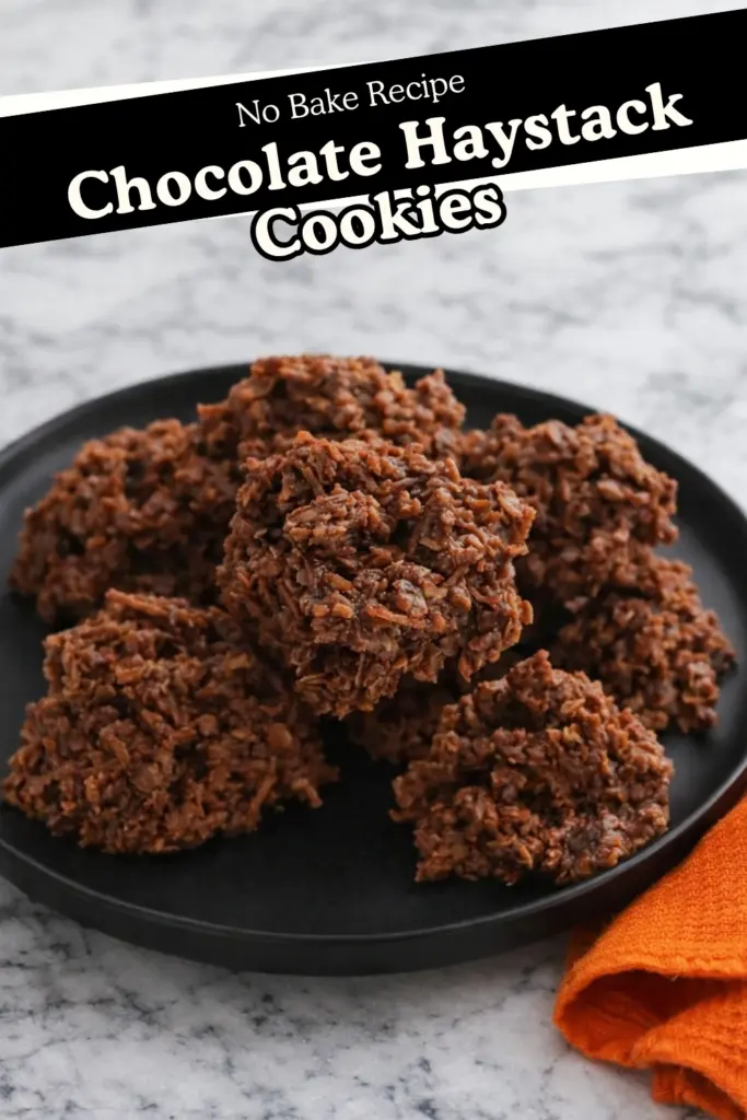 Chocolate haystack cookies no bake recipe text on image with cookies on black plate
