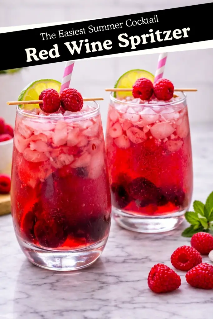Two red wine spritzers with raspberries lime and ice in clear glasses