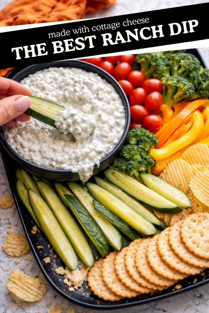 Cottage cheese ranch dip with cucumber dipping, fresh veggies, chips and crackers on a black platter with text overlay saying the best ranch dip