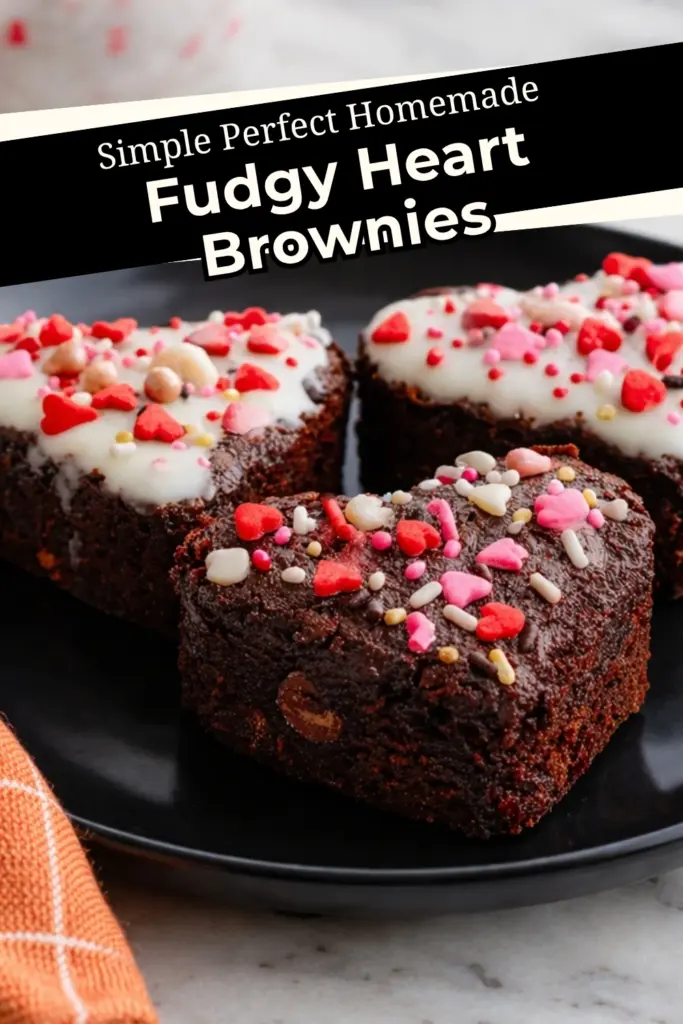 fudgy heart brownies with icing and sprinkles on black plate with orange kitchen towel marble background