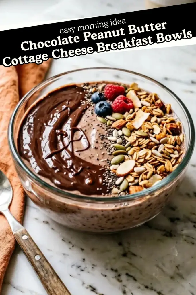 Chocolate peanut butter cottage cheese breakfast bowl with granola, seeds, and fresh berries topped with chocolate sauce in a glass bowl on a marble countertop
